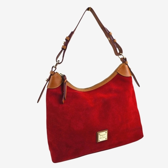 Dooney & Bourke Handbags - Dooney & Bourke Red Suede Hobo Shoulder Bag‎ Leather Tan Purse Classic